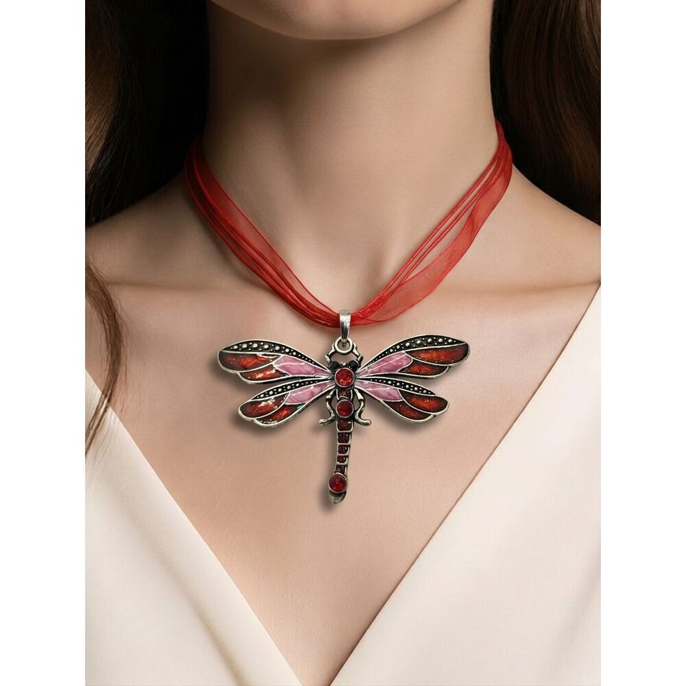 Red Dragonfly Necklace Rhinestone Choker Pendant Fairy Cottagecore Whimsy Gift
